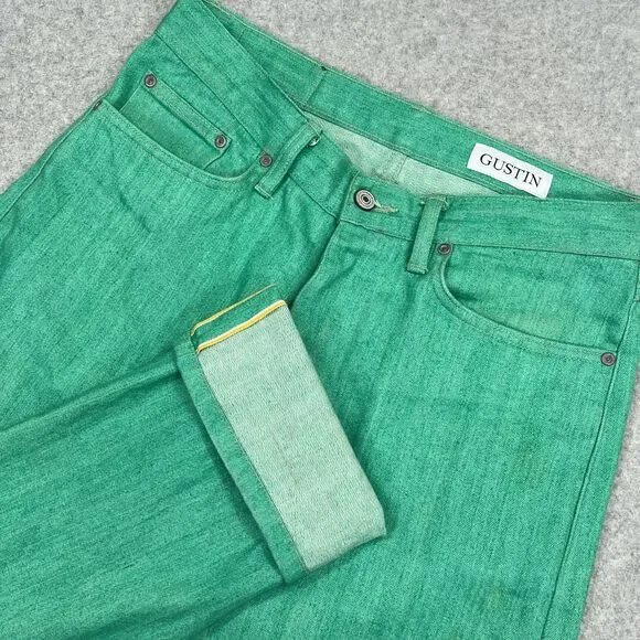 GUSTIN Selvedge Jeans Mens 31x32 Green Seafoam Stretch California Raw Japan 396 - Picture 2 of 15